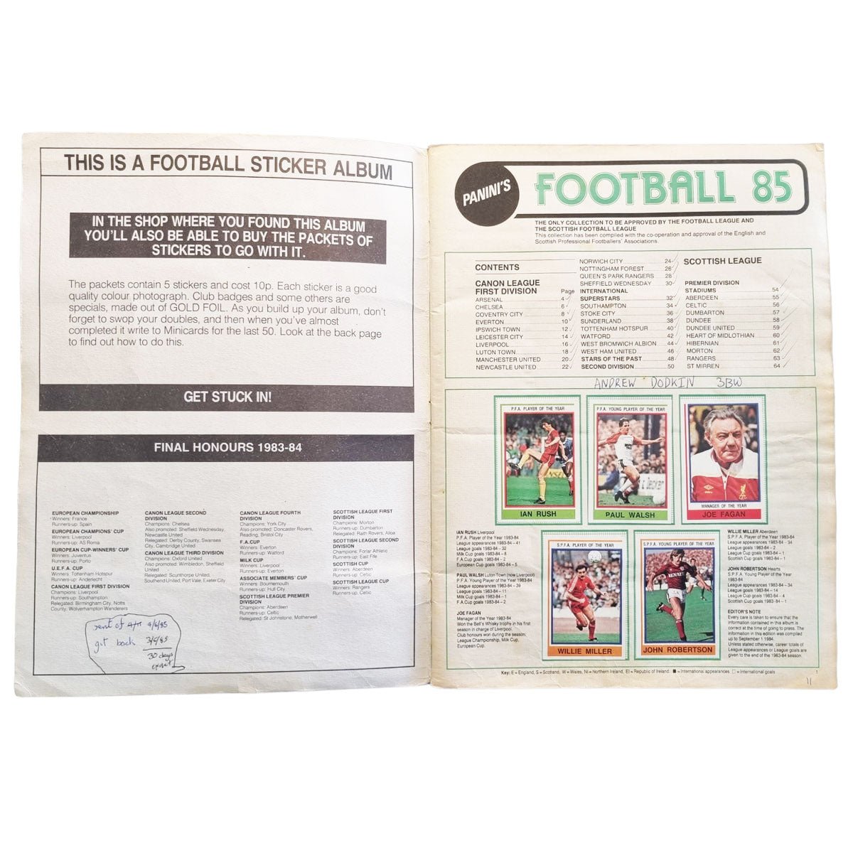 Panini 1985 Sticker Album English 1st Division & SPL (Complete)