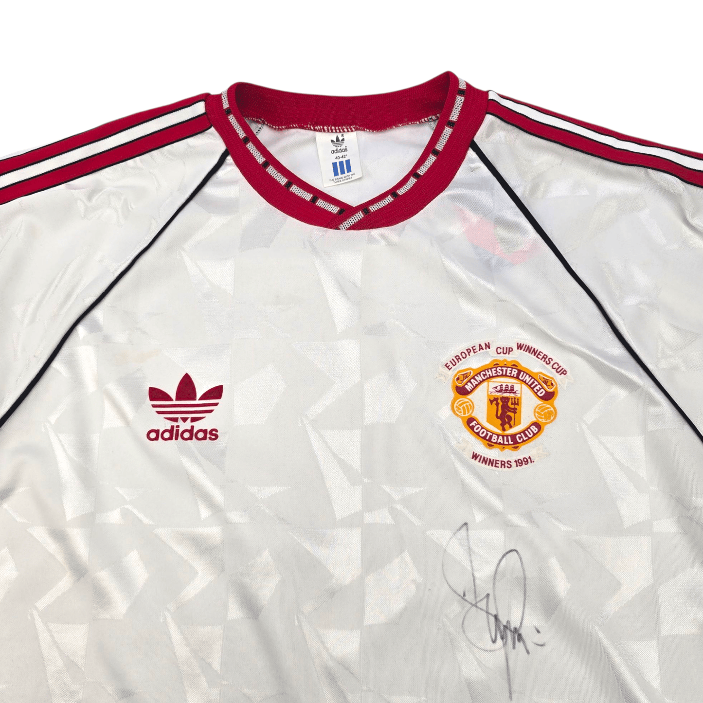 1990/91 Manchester United European Cup Winners Football Shirt (L) Adidas (Signed: Denis Irwin)