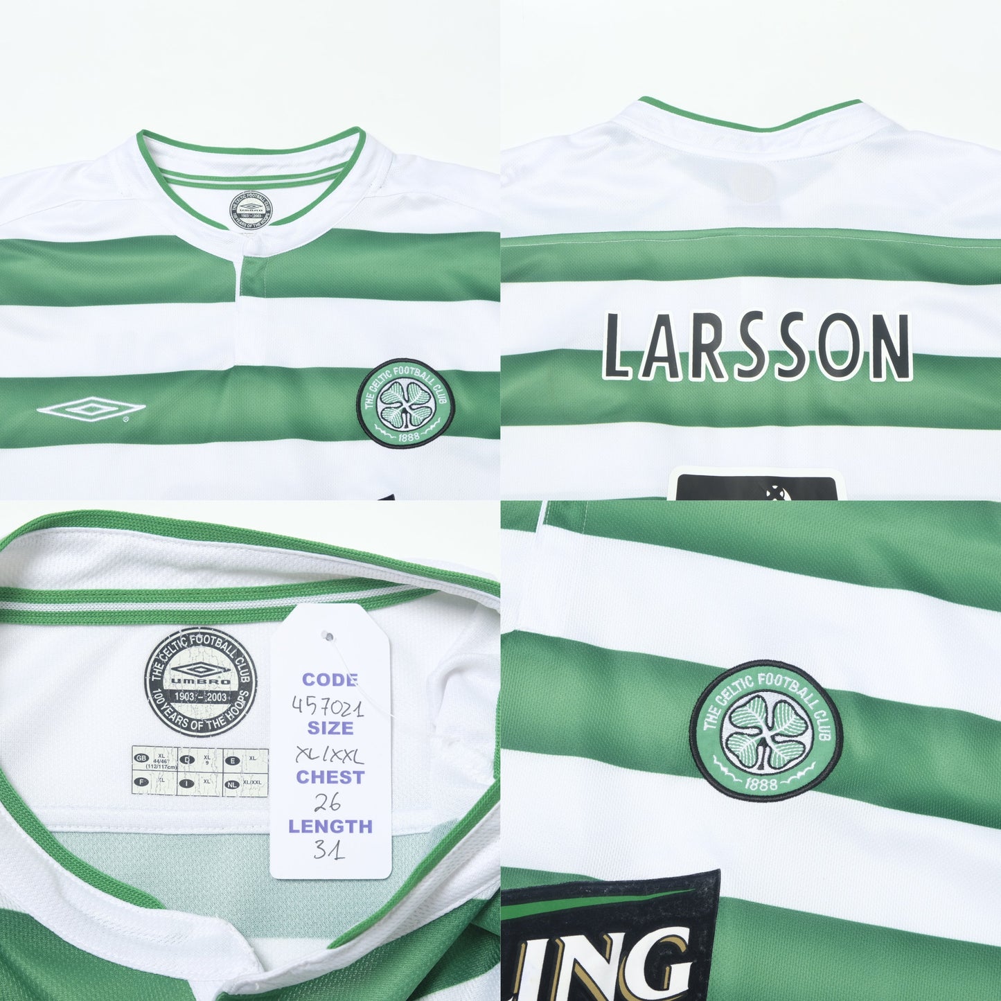 2003/04 Celtic Home Shirt Umbro Larsson (XL/XXL)