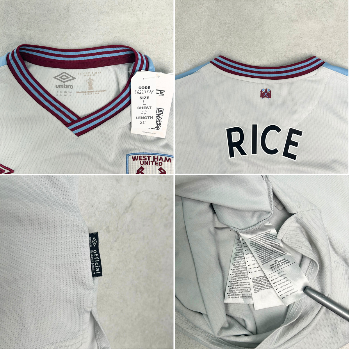2019/20 West Ham Away Shirt Umbro Rice (L)
