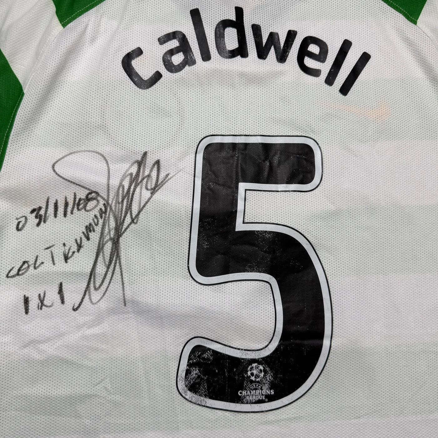 Celtic Home Shirt 2008 - 2009 (L) Caldwell 5 - Matchworn + Signed