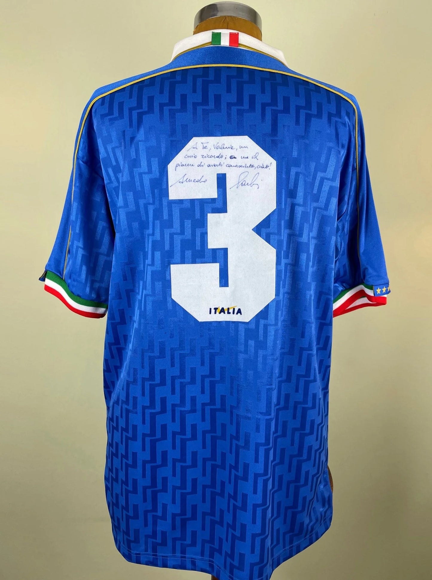 Match Shirt • National • Italia • 1995 • Nike • Home • #03 • Amadeo Carboni • vs Slovenia • Euro 96 Qualifiers • Signed