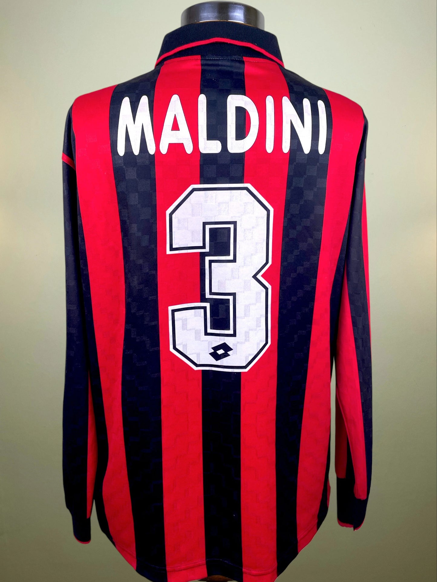 Match Shirt • Club • AC Milan • 1995 • Lotto • Home • #3 • Paolo Maldini • Match Worn