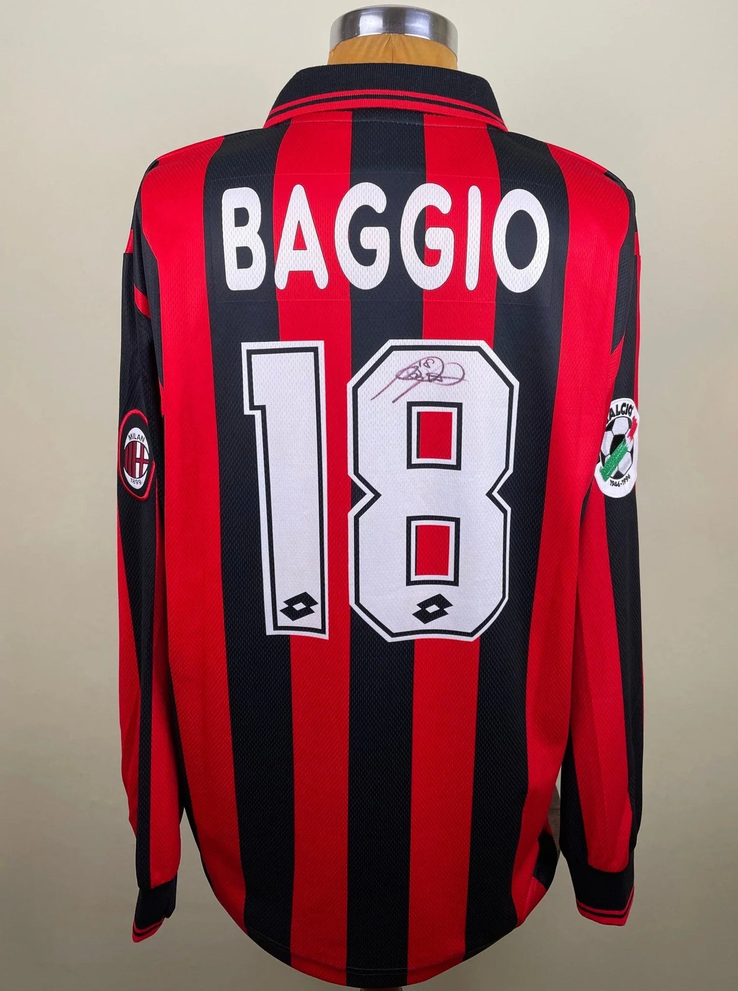 Match Shirt • Club • AC Milan • 1996 • Lotto • Home • #18 • Roberto Baggio • Match Worn • Signed