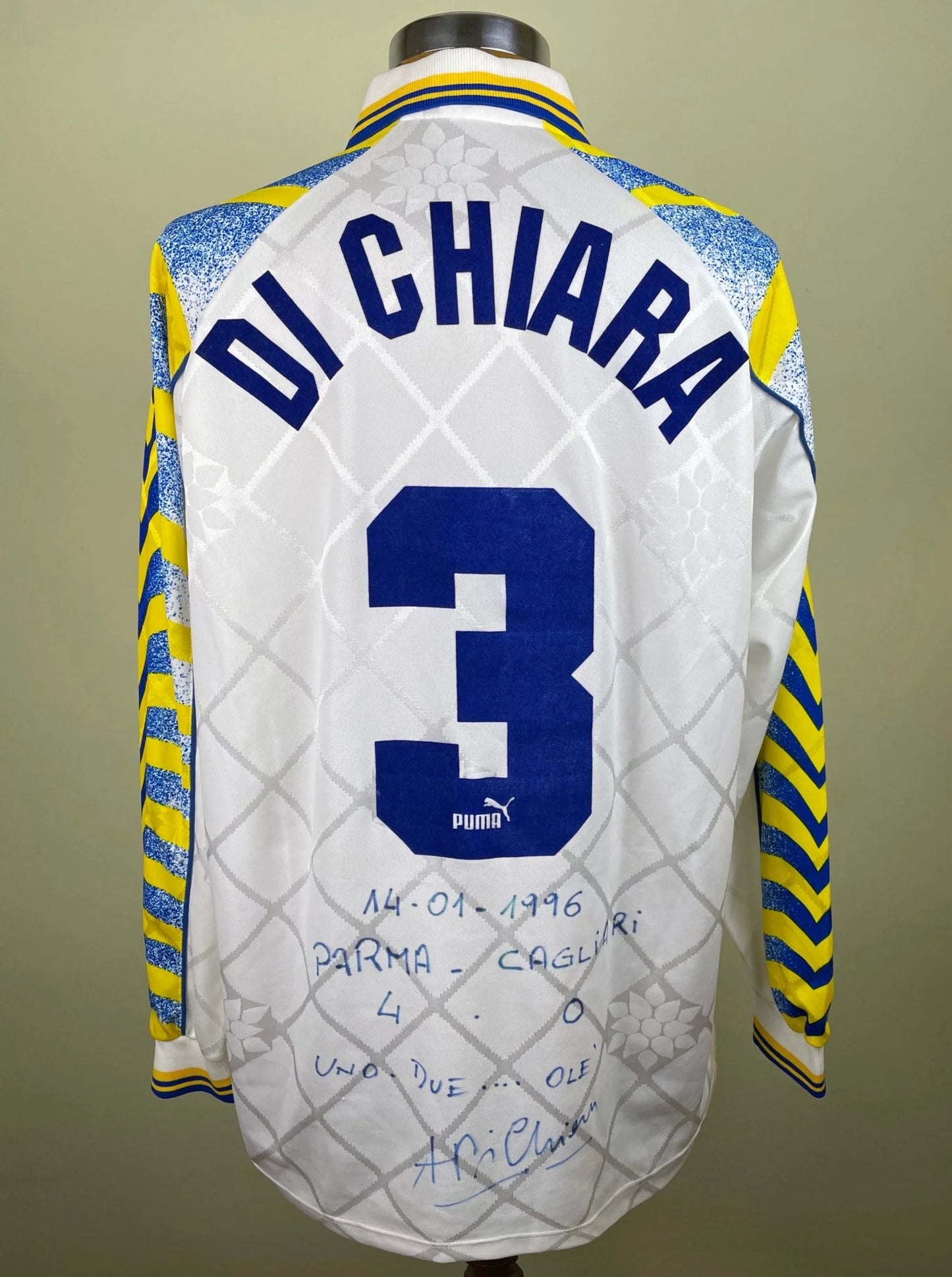 Match Shirt • Club • Parma • 1996 • Puma • Home • #3 • Alberto Di Chiara • vs Cagliari • Signed
