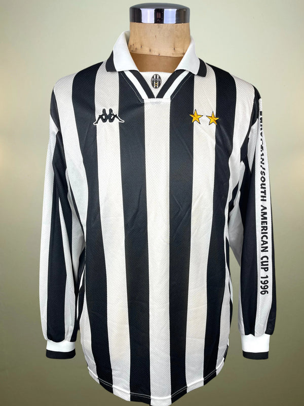 A vintage long-sleeve Juventus football jersey with black and white vertical stripes